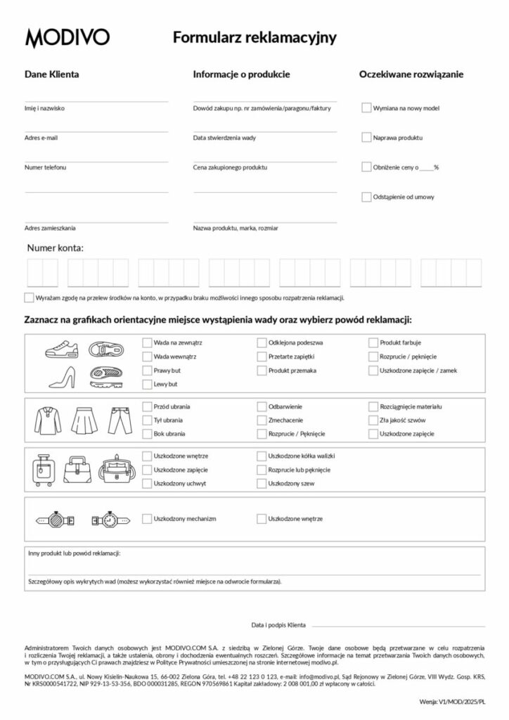 Formularz reklamacyjny MODIVO