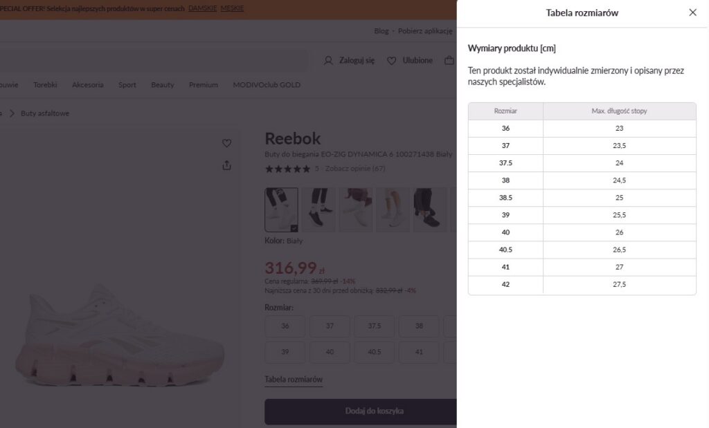 tabela rozmiarów w MODIVO